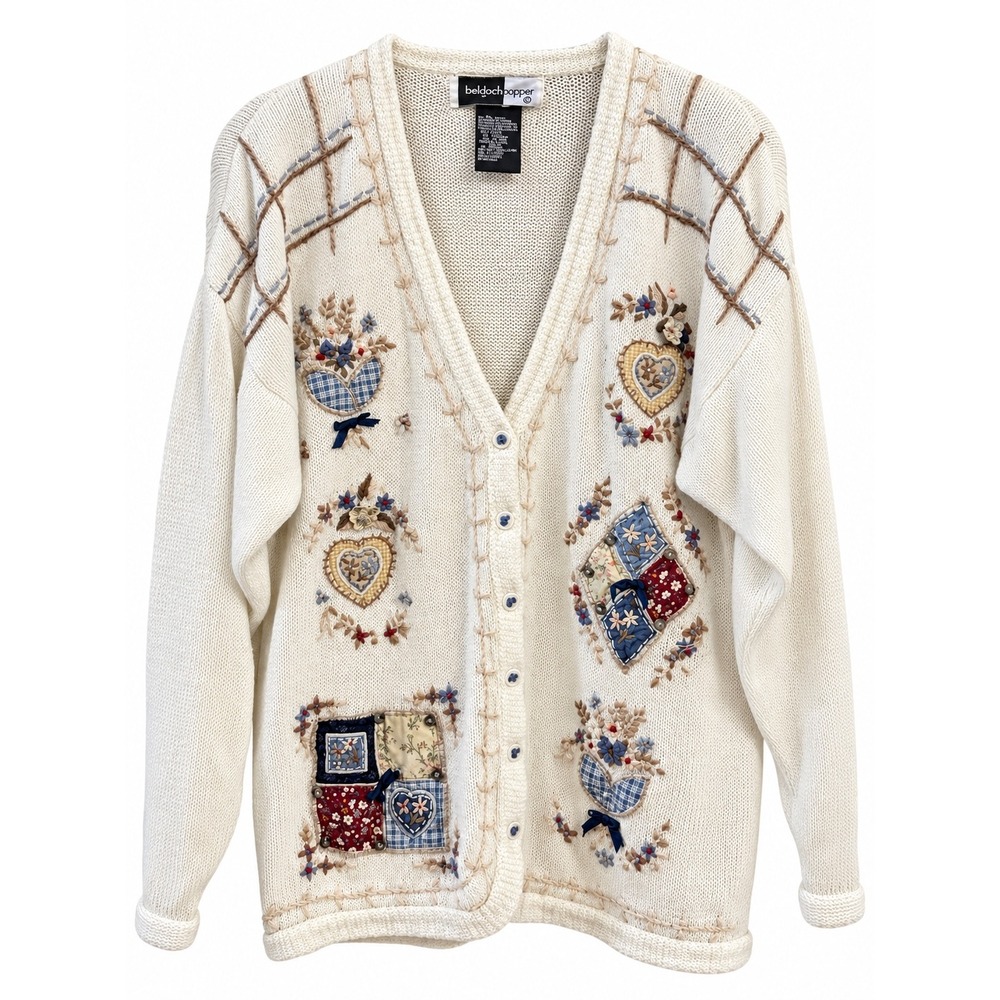 Vintage Beldocchio Cardigan M Embroidered Patchwork Cottagecore Grandmacore 90s